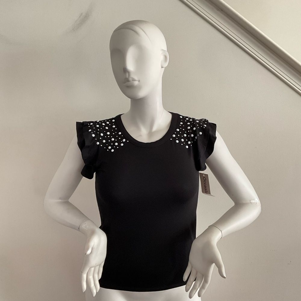 Occasion Embellished Cap Sleeve Tee Black S — image 6 of 8